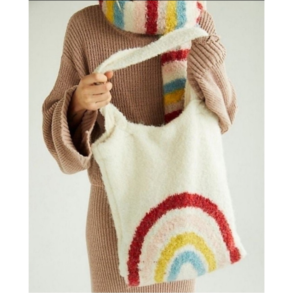 Free People Carry On Rainbow Fuzzy Tote Bag & Matching Scarf set